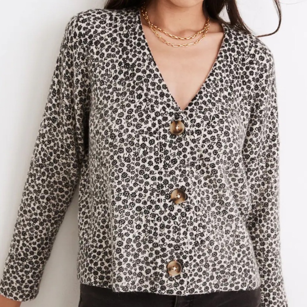 MADEWELL Vintage Ditsy Cameron Ribbed Cardigan Sweater in Coziest Yarn
